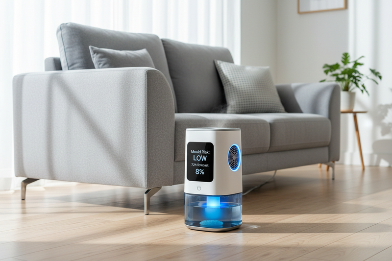 MouldGuard AI placed next to sofa in modern UK living room